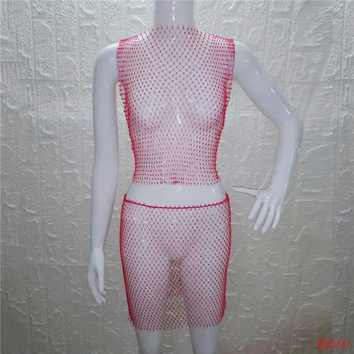 rose red O-neck Блестящие Кристальные Стразы, женская одежда, сетчатые Прозрачные топы, клетчатые сексуальные мини юбки, летний комплект из 2 предметов, Клубные, трендовые - Цвет: rose red O-neck