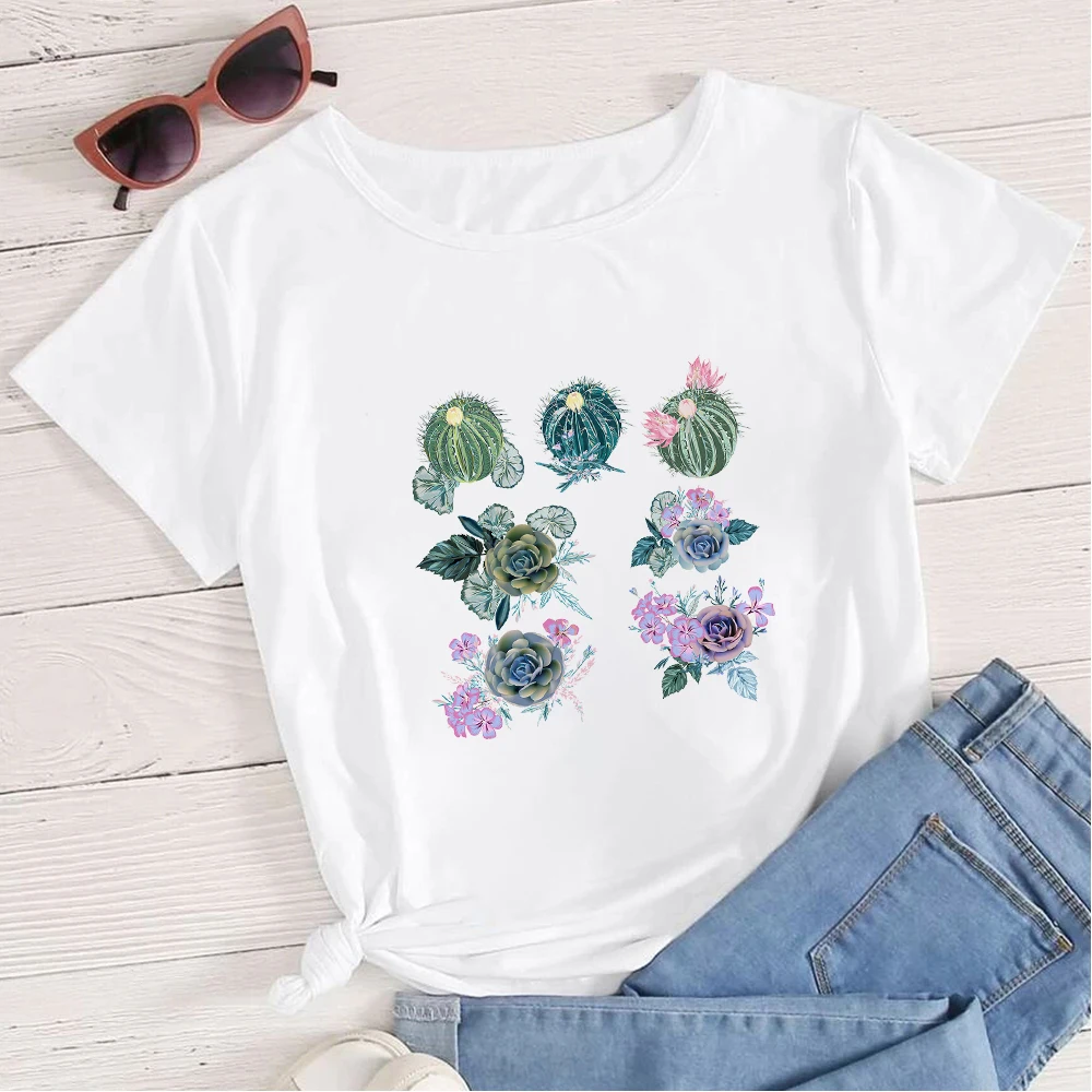 

Cactus Tshirt Women Rose Flower Prickly Pear Art Printed T Shirt Design Fashion Korean Autumn Style Oversize Tshirt Femme