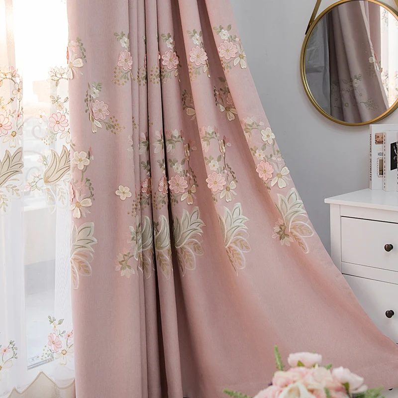 

Розовые шторы в Корейском стиле для гостиной, столовой, спальни, в стиле принцессы, американские хлопково-льняные тисненые шторы с вышивкой
