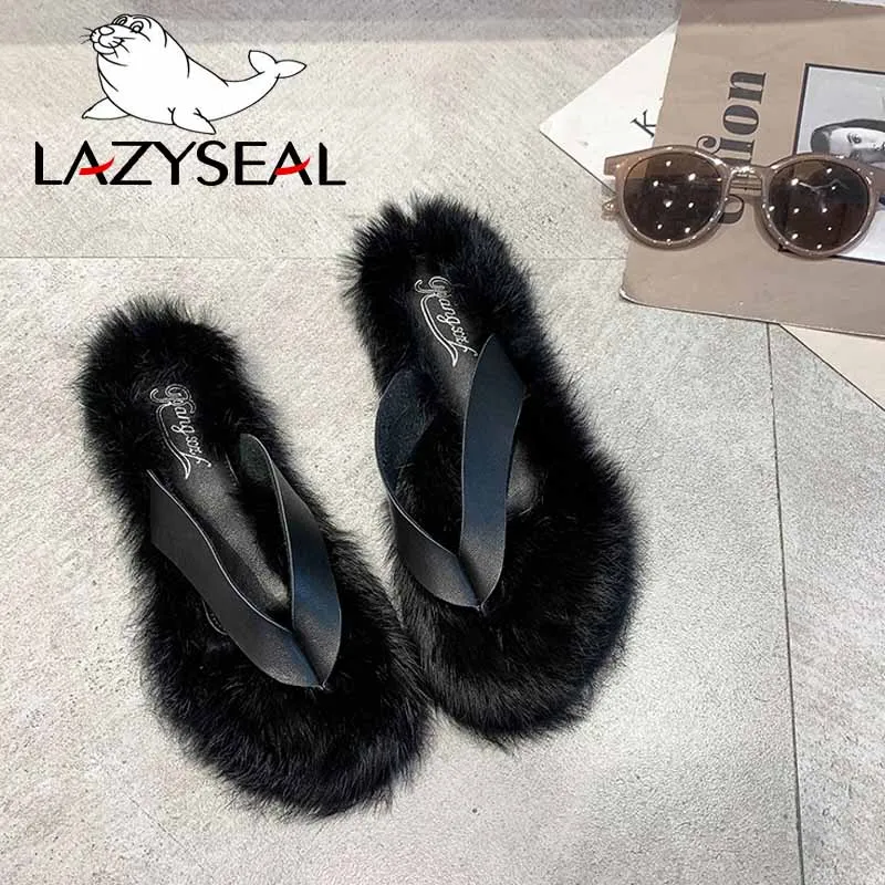 LazySeal обувь с разноцветным мехом; женские Вьетнамки; Новинка; Модные женские домашние тапочки на Плоском Каблуке; сезон осень-зима; женские шлепанцы без задника - Цвет: Black