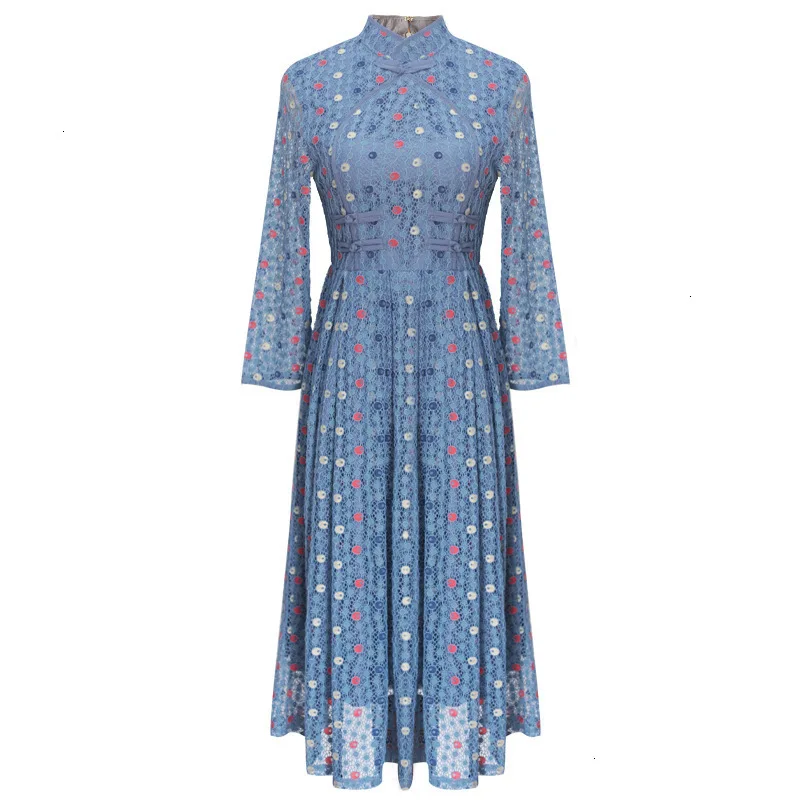 

Queechalle Autumn Dress Women Vintage Stand Collar Slim Cheongsam Lace Dress Elegant Dots Three Quarter Pleated Dress Plus Size