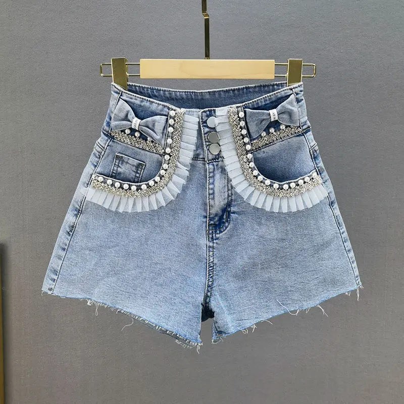 

Шорты женские джинсовые с завышенной талией, модные уличные короткие брюки из денима с оборками, сетчатые брюки с широкими штанинами, роско...