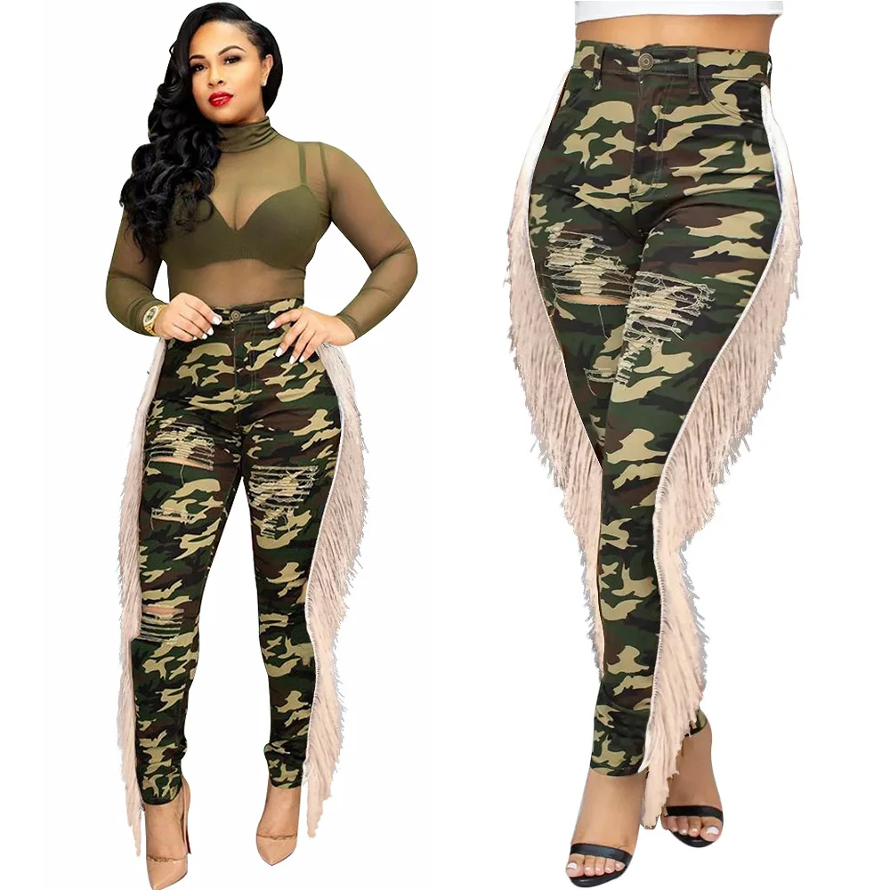 Hot new popular women long pants side ripped tassel sexy trousers camouflage print high waist LS3680 |