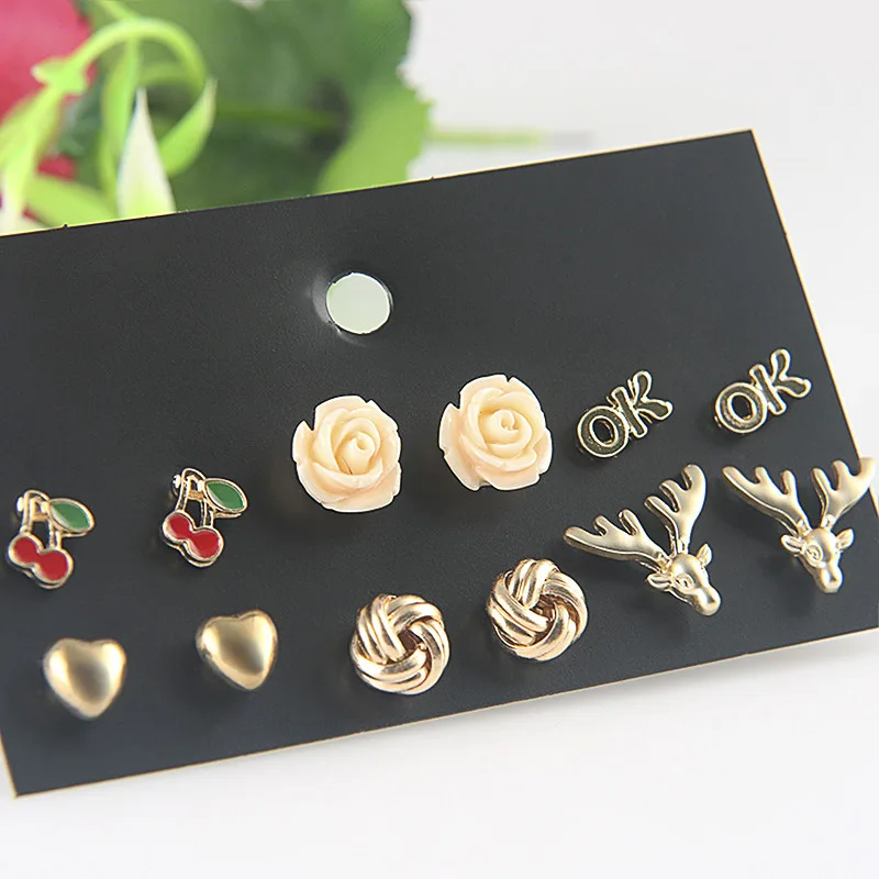

6 Pairs/Set Casual Gold Color Round Heart Elk Stud Earrings Sets Female Acrylic Flower Earring Red Cherry Small Brincos