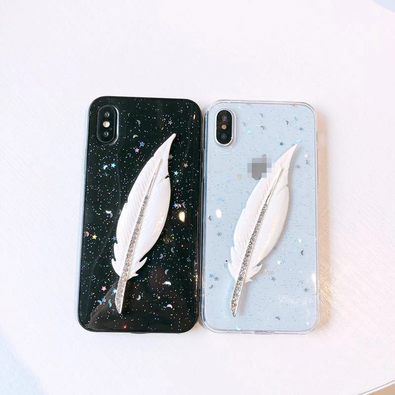

Moon Starry Sky Design Mobile Phone Case Glitter Epoxy Feathers IPhone 11 Case Anti-drop XS MAX 12