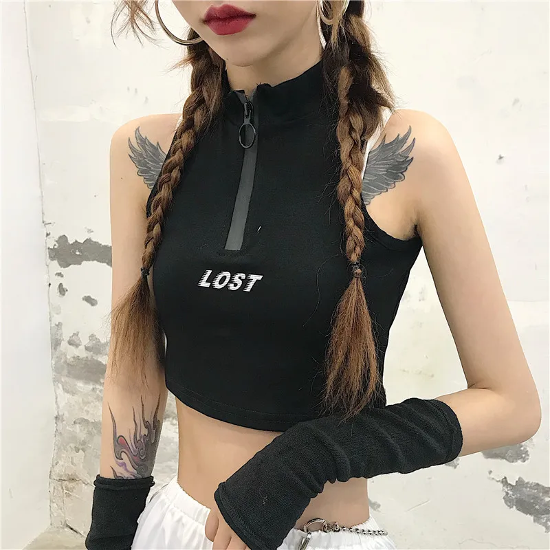 LOST letters print sleeveless y2k zip up mock neck basic cropped black tank crop tops 2021 summer fashion sexy shirts women C252