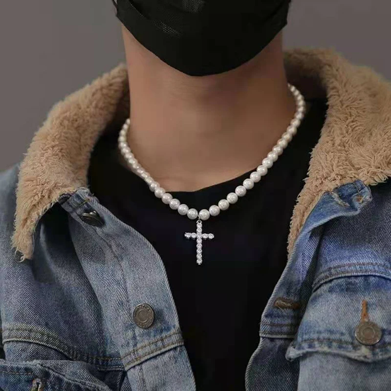 

Retro Men's Necklace Cross Pendant Necklace Imitation Pearl Clavicle Chain Jewelry Stylish Neutral Decorative All-match Hot Sale