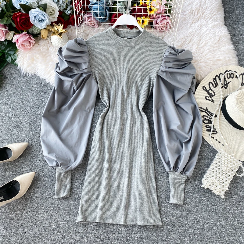 

YingYuanFang Latest Fashion Women's Puff Sleeve Dress Slim Knitting