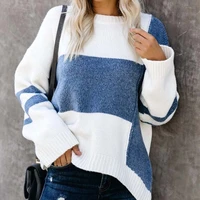 women sweaters casual striped color block jumpers round neck long sleeve loose oversized knitted fluffy sweatershirt pullover