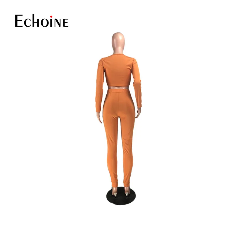 

Echoine Autumn Women Sexy Sweatsuit Set Long Sleeve Tops Hole Hollow Out Pants Set Active Tracksuit Two Piece Fitness Outfit