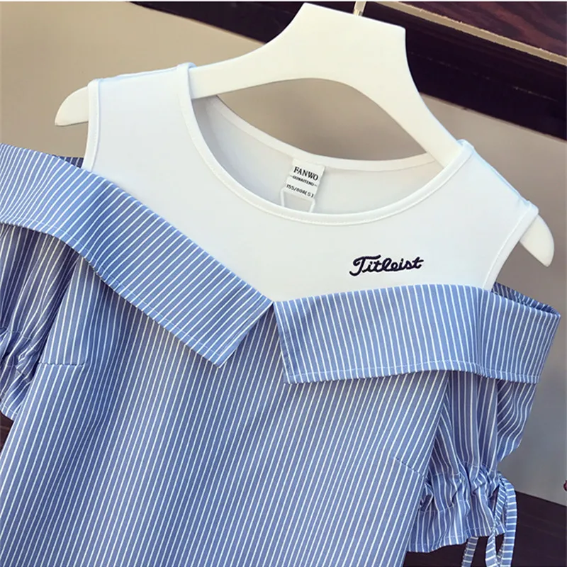 Женский дизайнерский летний комплект из 2 предметов блузка в полоску с открытыми