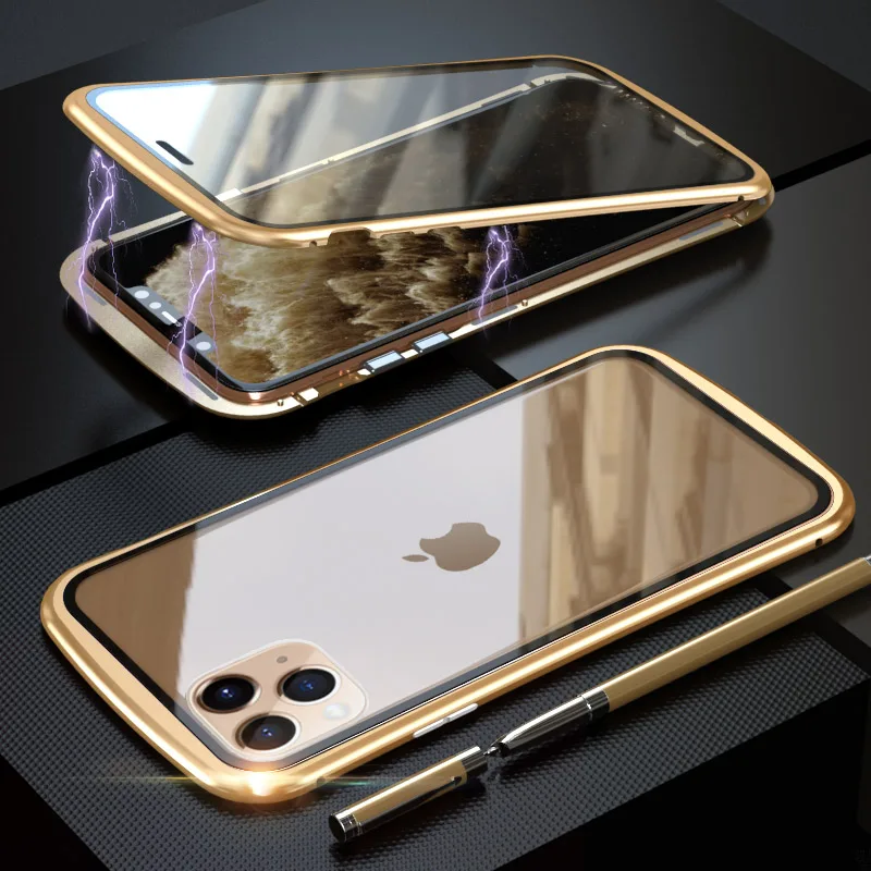 Броня металлическая рамка Магнитный чехол для iPhone 11 Pro Max чехол двойное закаленное стекло полное покрытие для iPhone 11 Pro Max Funda - Цвет: Gold