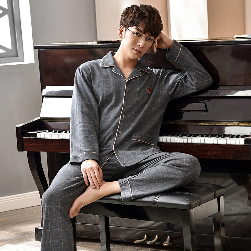 Spring New Male 100% Cotton Sleepwear 2 Pcs Lapel Cardigan Stylish Plaid Grey Men Pajamas Set Luxury Pjs | Мужская одежда