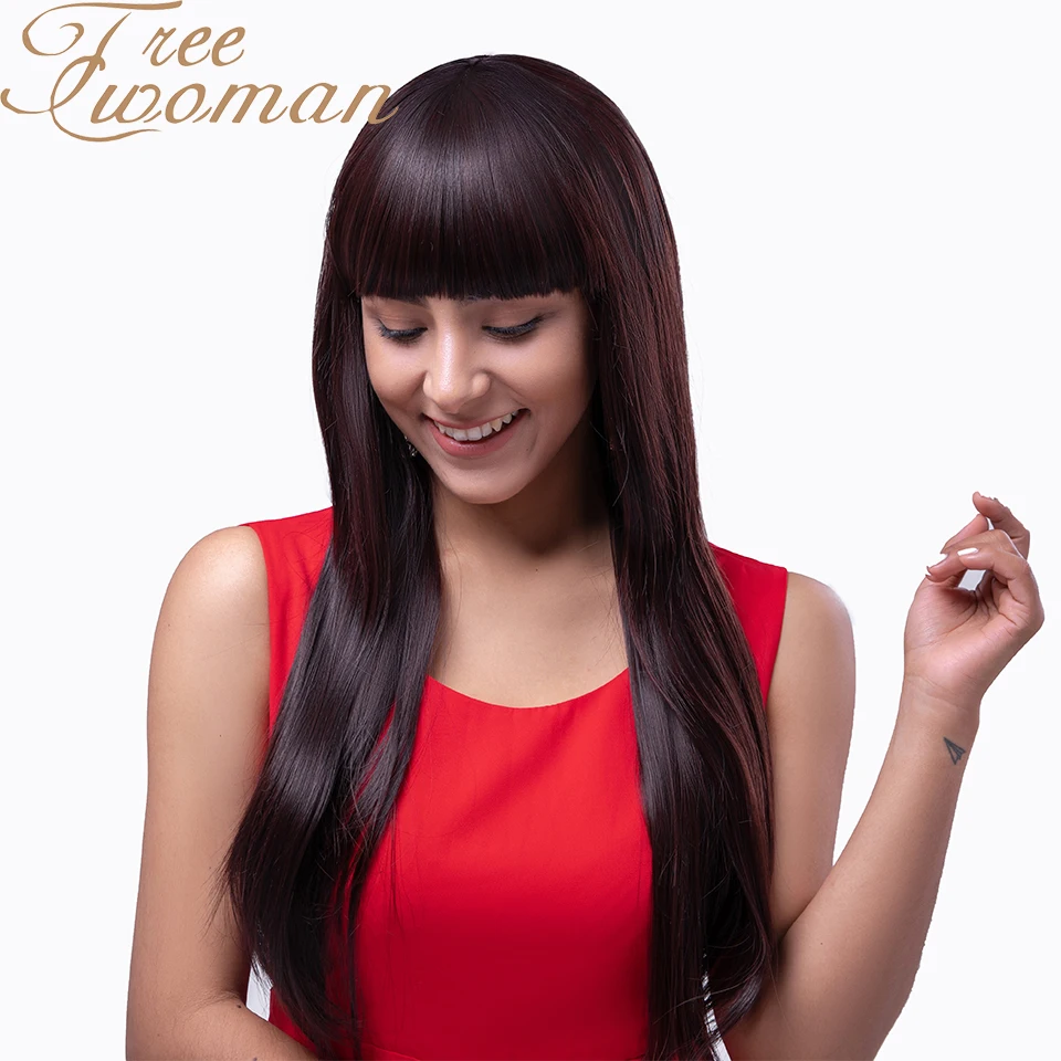 

FREEWOMAN Silver Gray Straight Long Wigs With Neat Bangs Synthetic Wig Black Moda Feminina Wig for Women Heat Resistant Hair