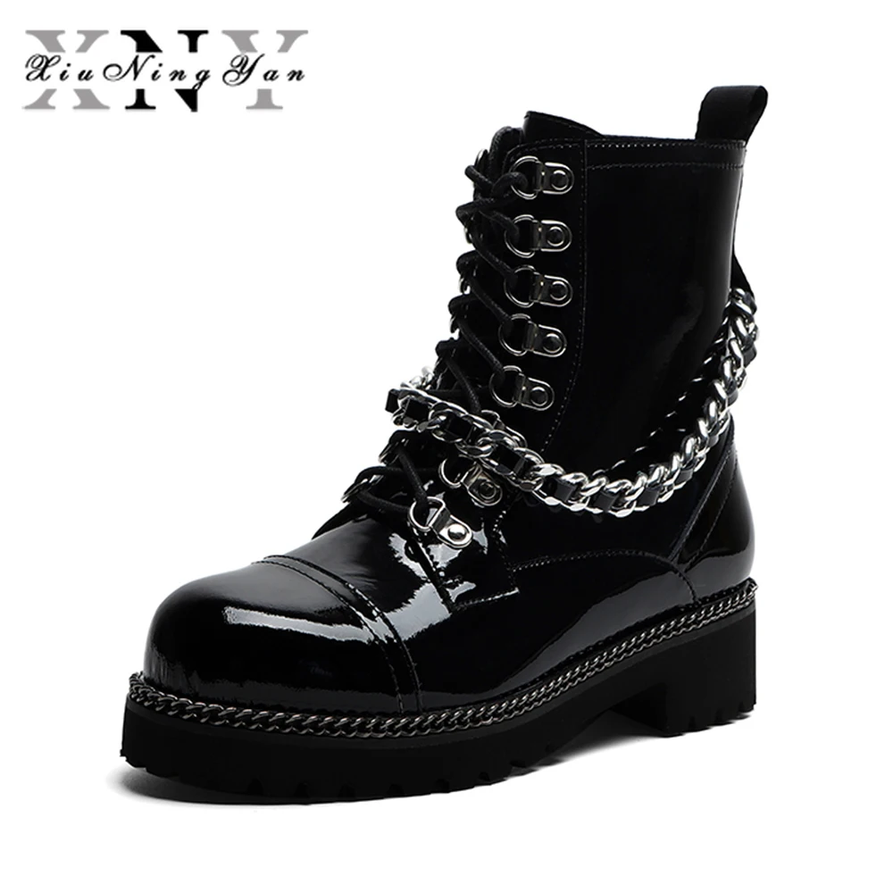 

Xiuningyan Punk Women's Ankle Boots Genuine Leather Metal Chain Square Heel Platform Handmade Round Toe Motorcycle Boots Woman