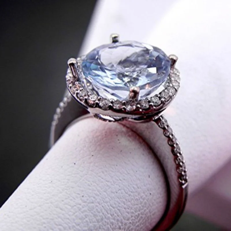 

Fashionable and Exquisite 14K Platinum Light Blue Diamond Female Romantic Ring Engagement Wedding Bride Princess Love Ring