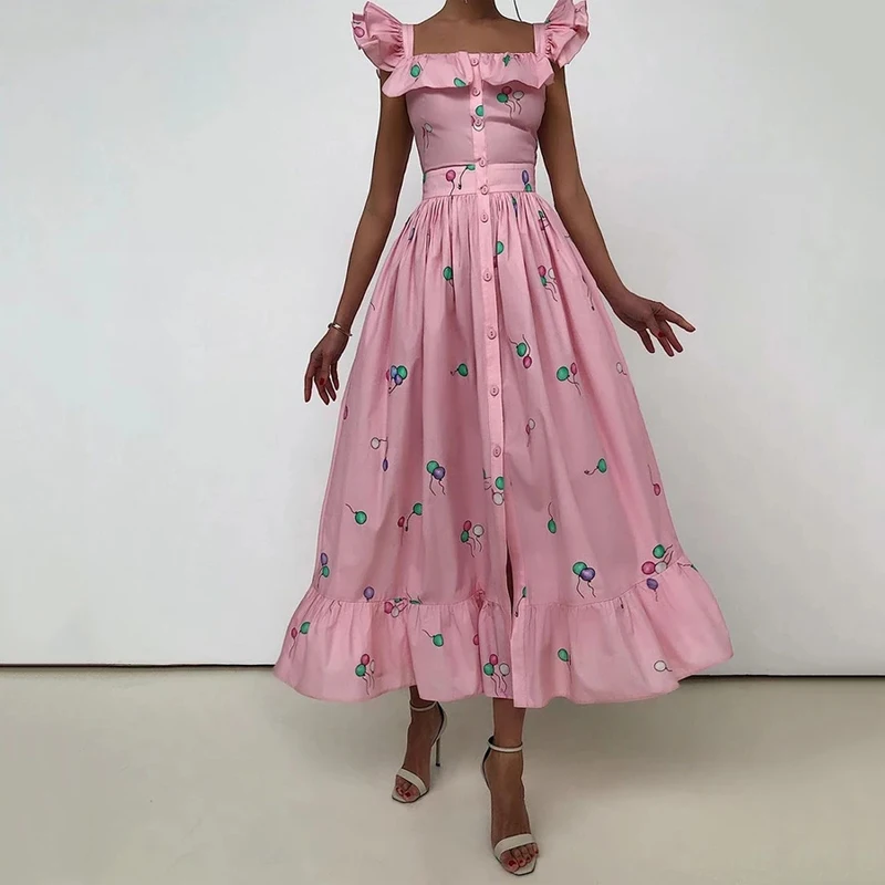 

Women Fashion Single Breasted High Waist Dress Summer New Fly Sleeve Print Dress Female Retro Dress Ruffle Hem Slim Dress