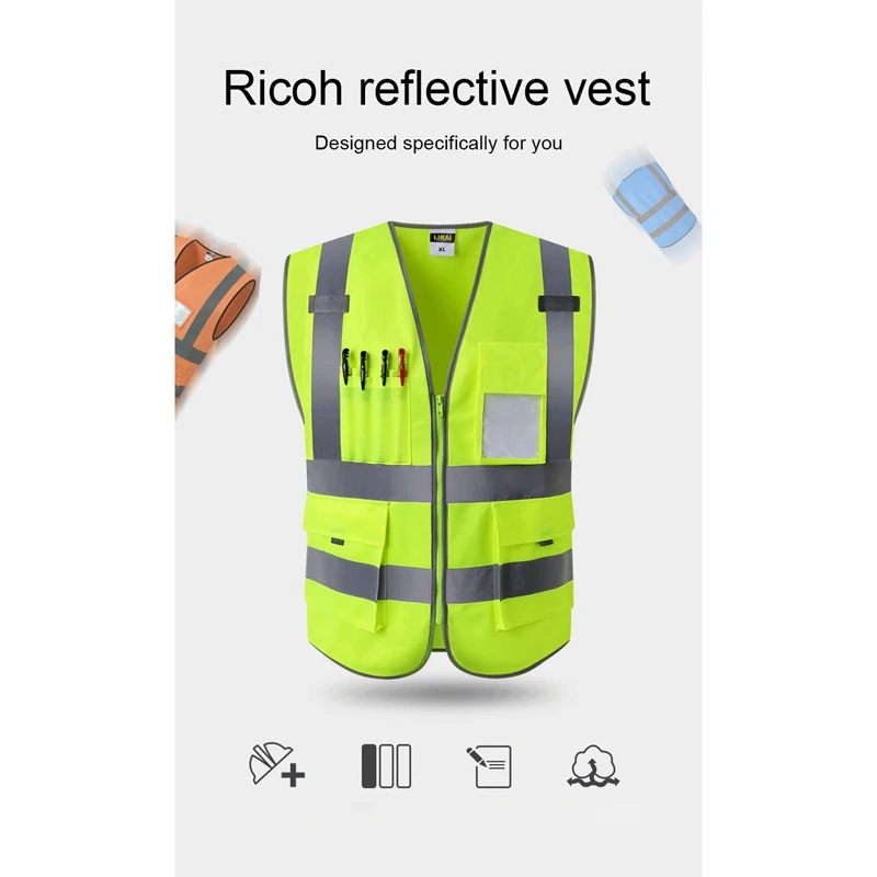 

High Visibility Reflective Safety Vest Waistcoat with Multi-Pockets Silk Sn Printing Traffic Green Road Traffic Fluorescent