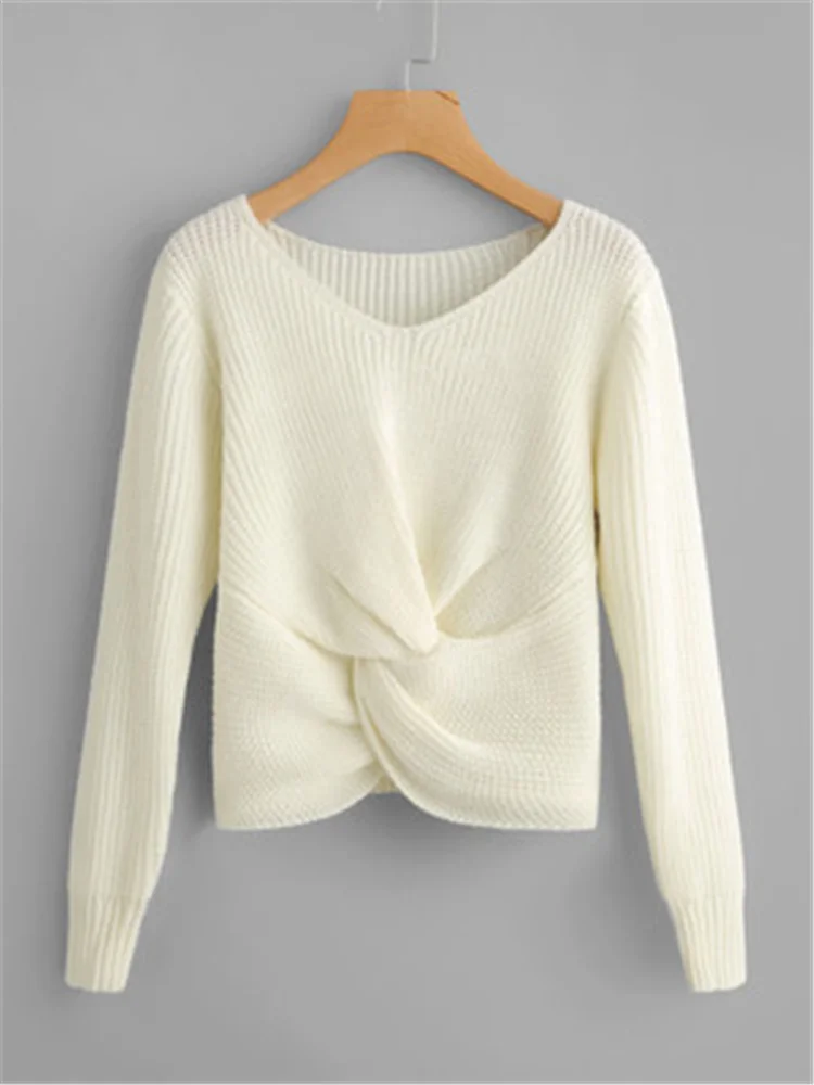 

Однотонный свитер для женщин, новинка 2021, пуловер с V-образным вырезом и перекрестным узлом, осенне-зимние свободные сексуальные свитеры с д...