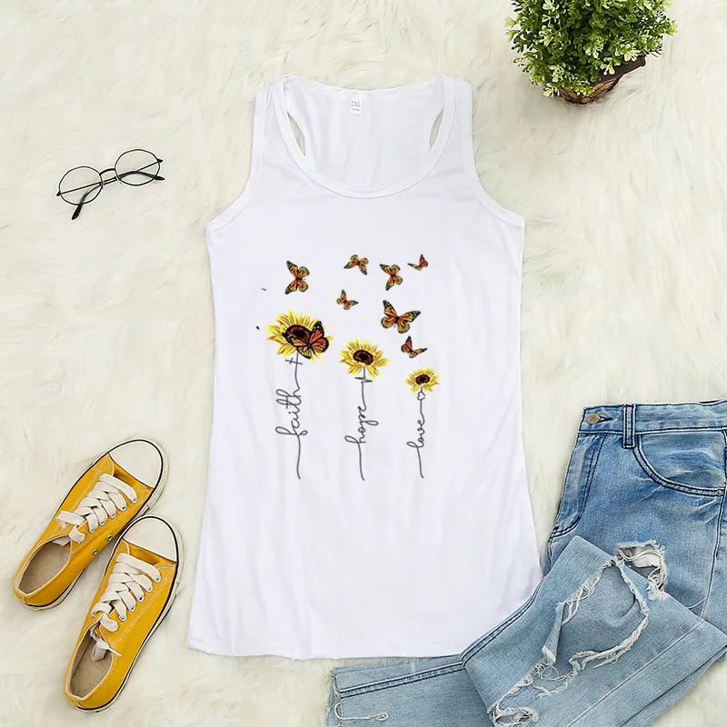 

Butterfly Sunflower Printed Crop Top Women Sleeveless O Neck Tank Top Summer Ladies Casual Loose Vest Haut Femme Ropa Mujer