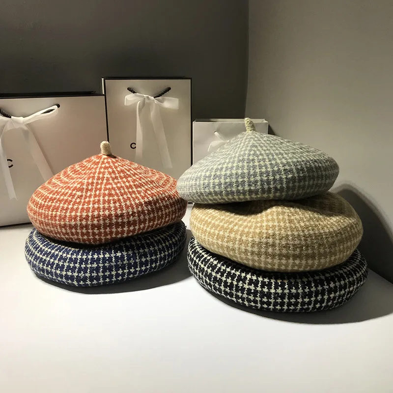 Модный шерстяной берет в клетку женская шапка для осени и зимы художника