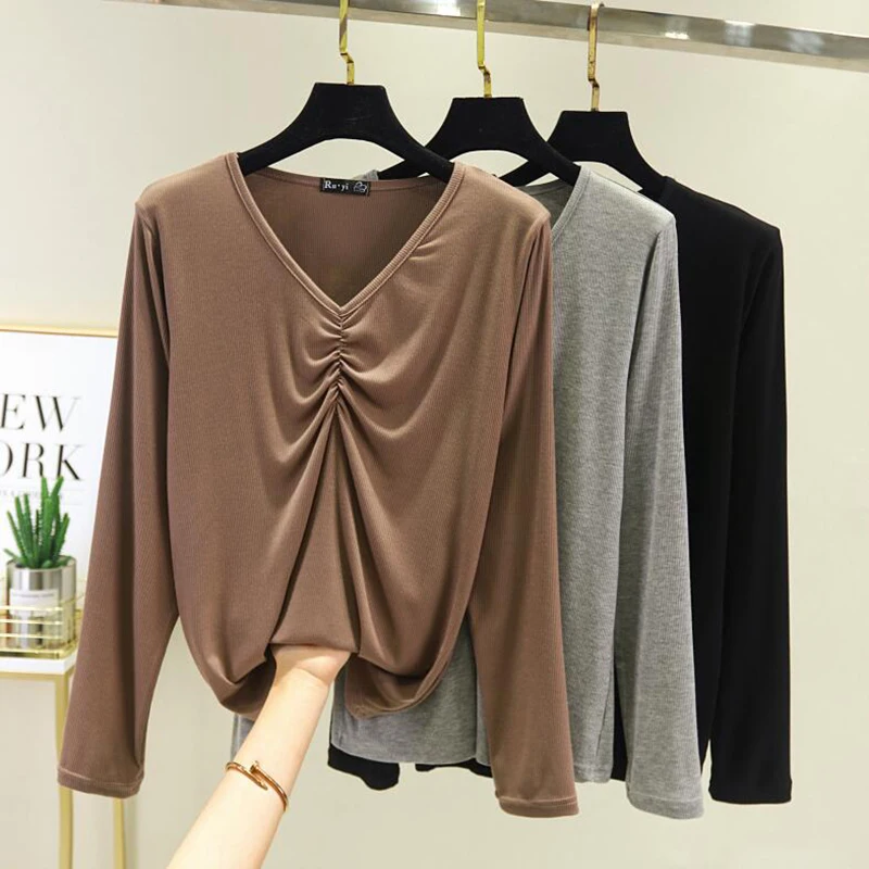 modal long sleeve solid V-neck t-shirt women high stretch slim tops 2020 spring autumn Loose Basic Bottoming tshirt Plus size | Женская