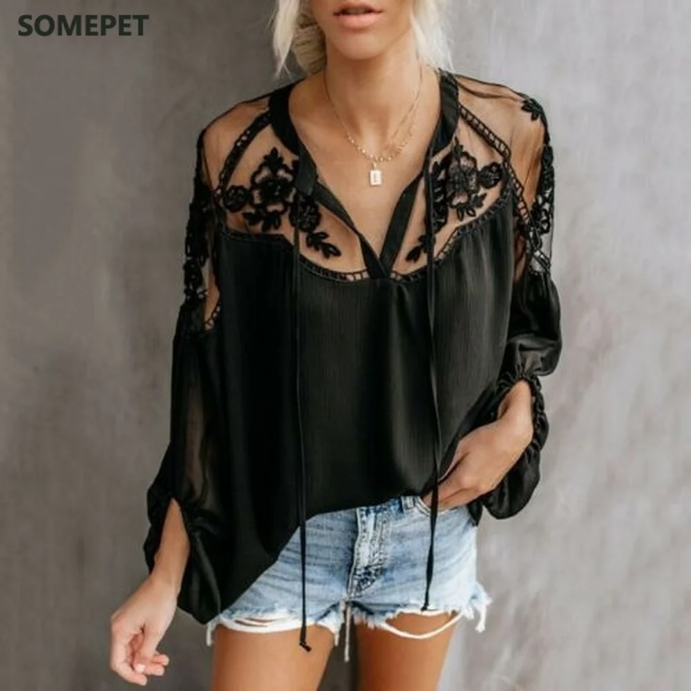 

Vogue Boho Mesh Lace Hook Flower Lantern Sleeve Shirts Loose White Black Chiffon Lace Patchwork Blouse Womens Daily