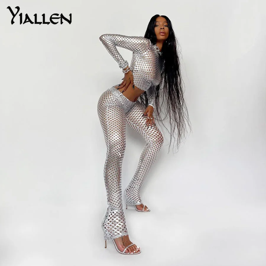 

Yiallen Autumn New Women Sexy Hollow Out Hole Streetwear Tracksuit Simple Slim Stretch Silver Tracksuit Two Piece Set Female