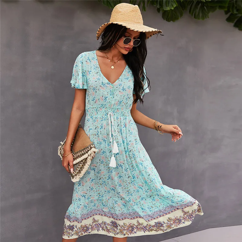 

2021 Spring New Bohemian Floral Dress Women Casual V Neck Tassel Bandage Print Dress Ladies High Waist Summer Dresses