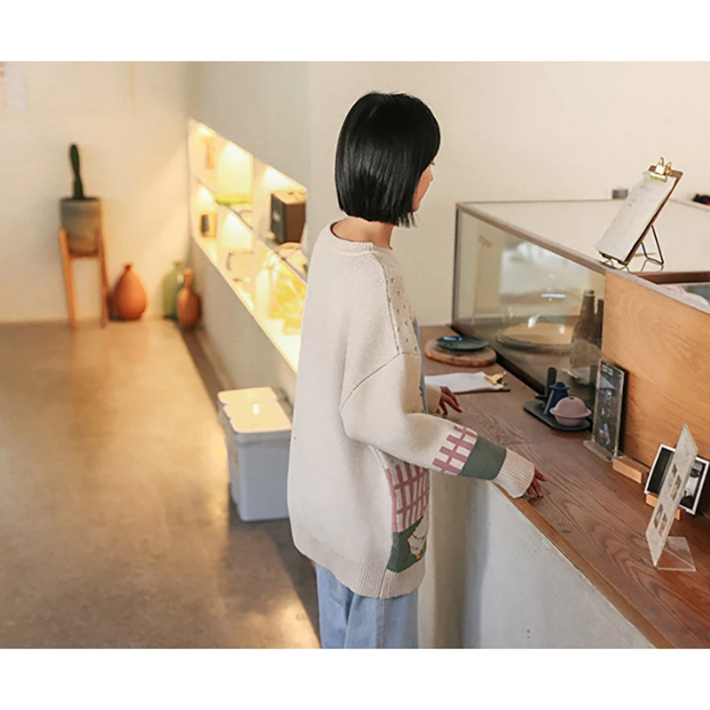 Spring New Retro Farm Duckling Jacquard O-neck Pullover Sweater Women's Suitable For Teenage Girls Tops | Женская одежда