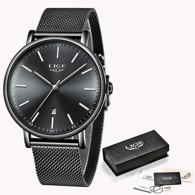 All black Для женщин часы lige top бренд класса люкс Для женщин модные Повседневное все Сталь ультра-тонкий пояс сетки кварцевые наручные часы Feminino+ коробка - Цвет: All black