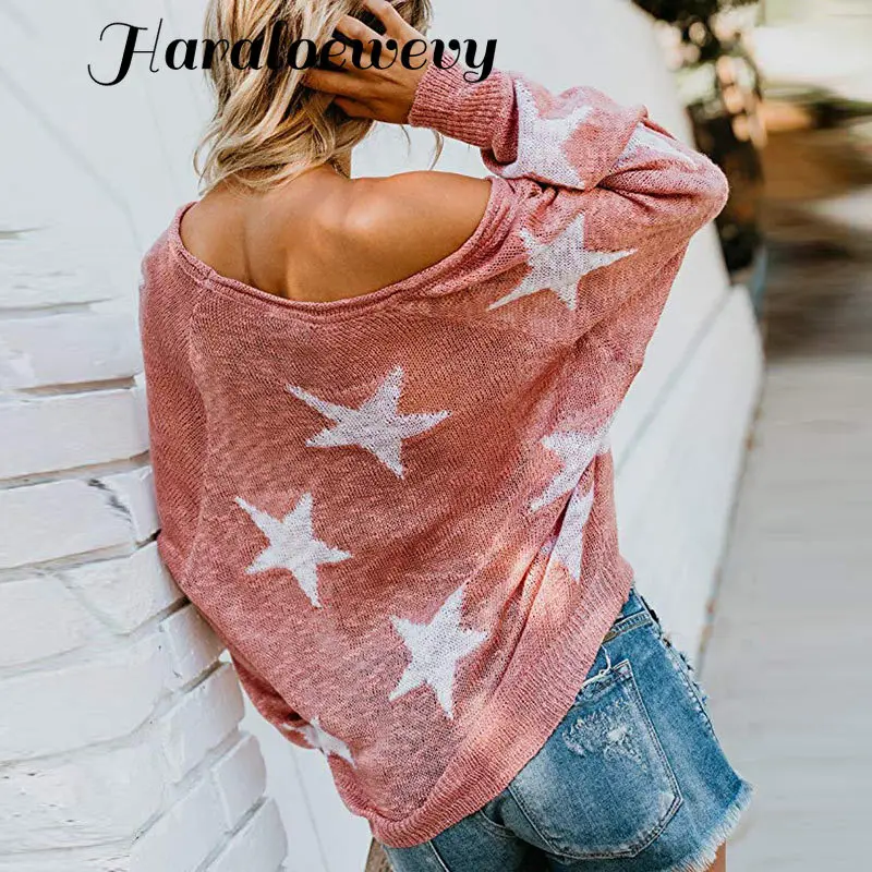 Sexy Off Shoulder Knitted Sweater Woman Autumn Streetwear Casual Loose V-Neck Stars Long Sleeve Print Pullover Large Size Tops | Женская