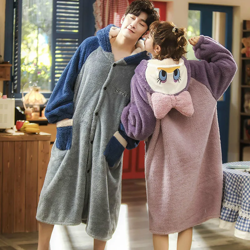 Pajamas for Men Bow Hooded Sleepwear Blue Coral Fleece Men Home Clothes Winter Lounge Cartoon Duck Pijama Men Thick Robe