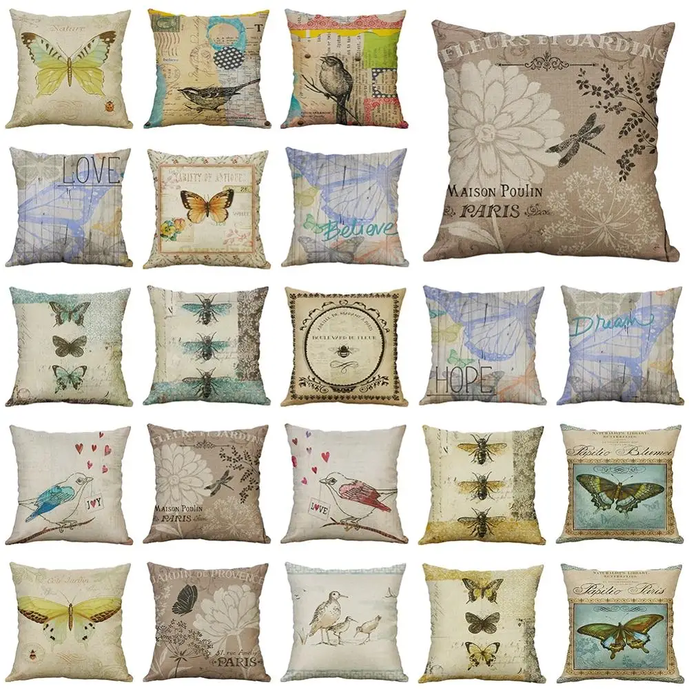 

18'' Cotton Linen Pillowcase Bird Butterfly Bee Animal Pattern Cushion Cover Home Sofa Bedroom Office Seat Decoration Pillowcase
