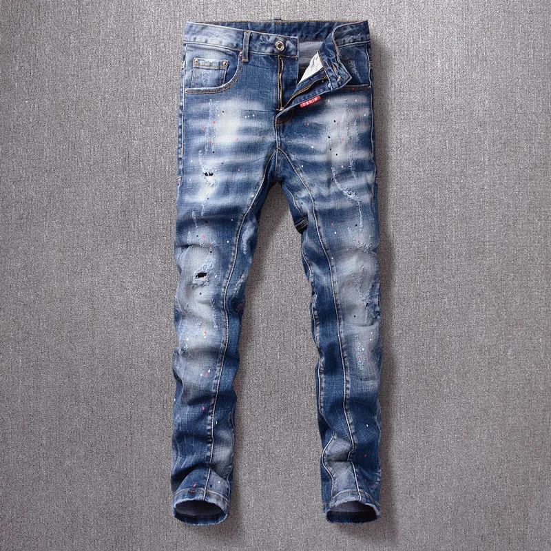 

Italian Style Fashion Men Jeans Retro Blue Elastic Slim Fit Ripped Jeans Men Spliced Painted Designer Hip Hop Denim Punk Pants