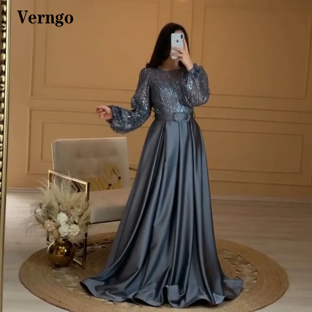 

Verngo Modest Glitter Top Satin Evening Dresses Long Puff Sleeves Jewel Neck Belt Saudi Arabic Prom Gowns Mother Formal Dress