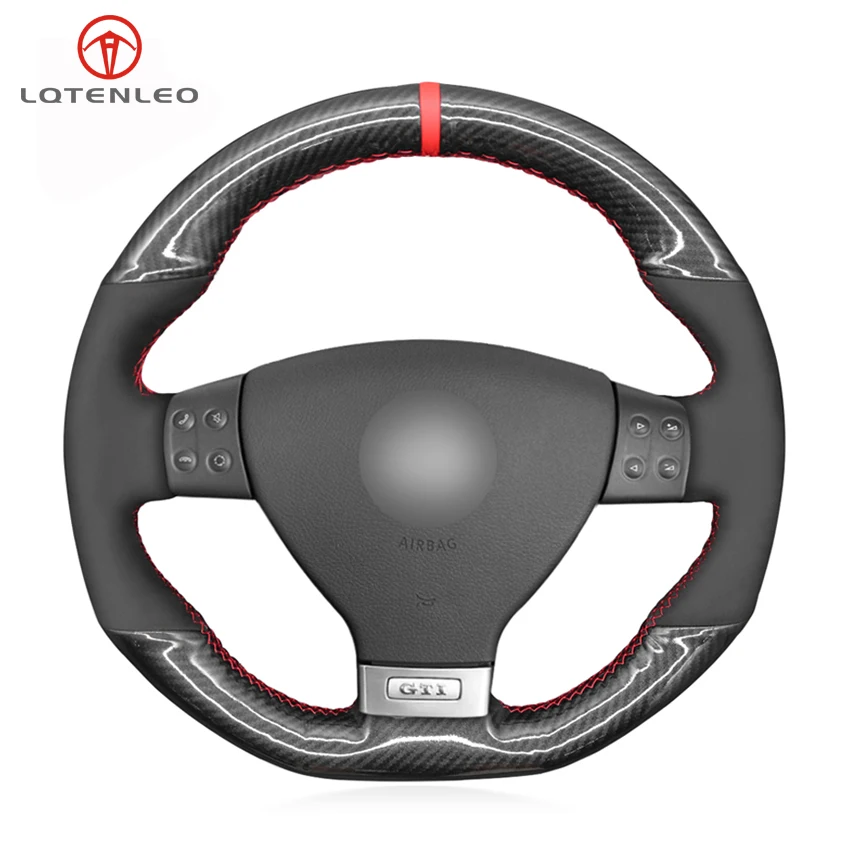 

LQTENLEO, черный полиуретан, углеродное волокно, Замша Чехол рулевого колеса автомобиля, для Volkswagen VW Golf GTI 5 (V) Golf R32, Scirocco Tiguan(R-Line)