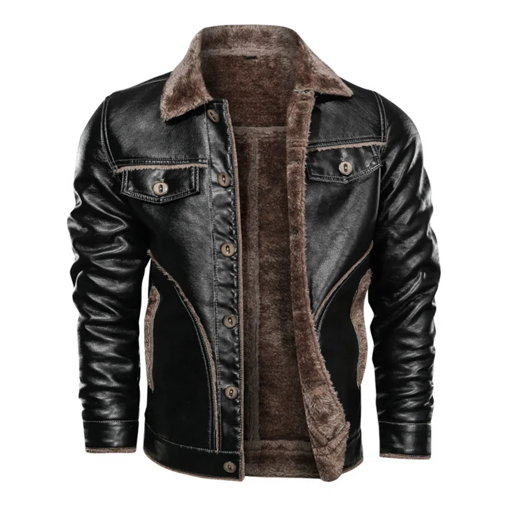 Черный men's fashion winter jacket куртка мужская пуховик Men's Autumn Winter Vintage Turn-down Collar Solid Imitation Leather Coat - Цвет: Черный