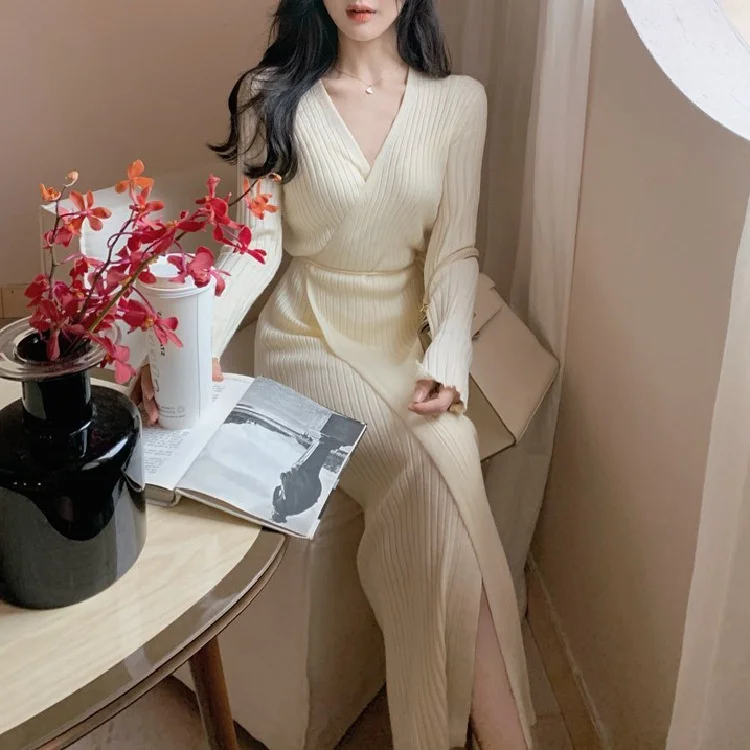 

Женское винтажное трикотажное платье, элегантное облегающее платье с запахом и V-образным вырезом, Осень-зима 2021