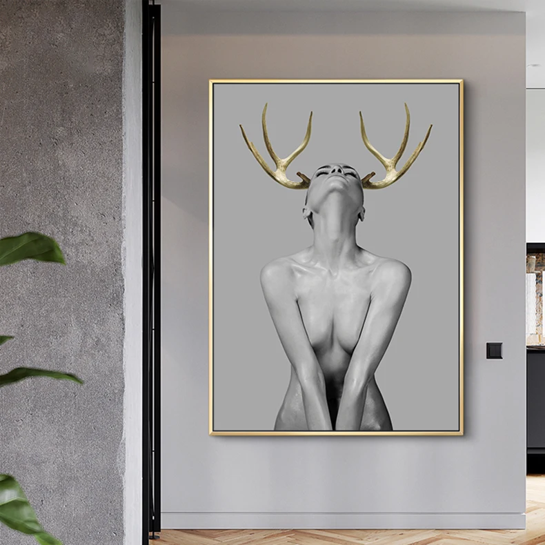 Nordic Antlers girls Figuars wall art Canvas Painting Prints Posters Black White Nude Pictures for Living Room Morden Decor | Дом и сад