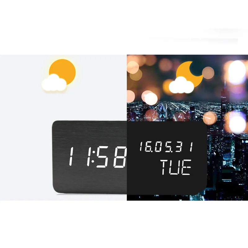 

USB/AAA Powered Digital Clock LED Wooden Alarm Clock Table Clock Voice Control Electronic Clock Desktop Decor