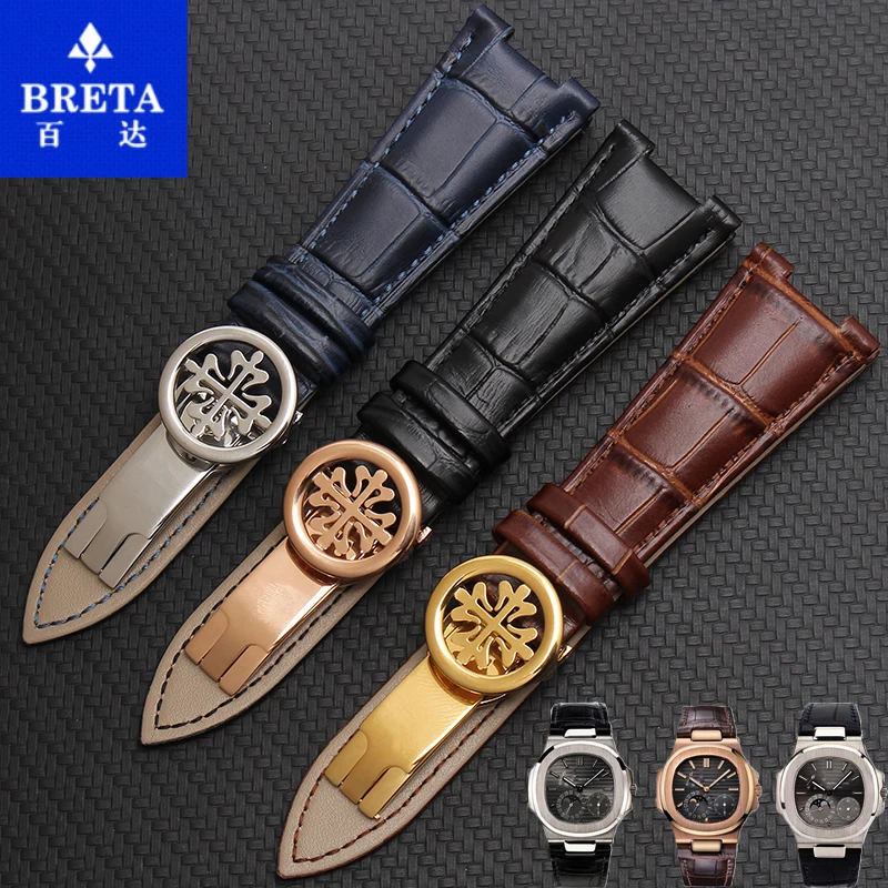 Ремешок BRETA кожаный для часов браслет с пряжкой Patek Philips Nautilus 25 х18 мм черный