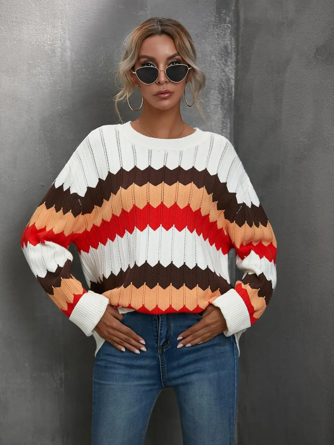 

Модные свободные свитера в полоску, Женский вязаный пуловер оверсайз с круглым вырезом, сексуальные ажурные Топы в стиле пэчворк, Женская Б...