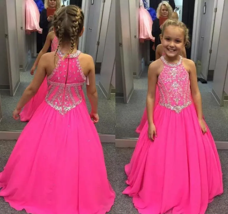 

Fuchsia Little Girls Pageant Dresses Beaded Crystals A Line Chiffon Halter Neck Kids Toddler Flower Girl Dresses For Weddings