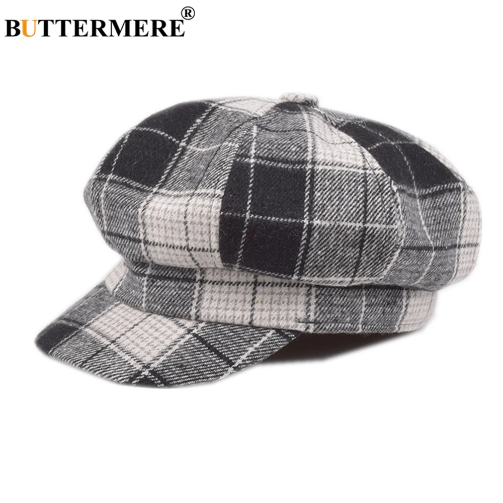 

BUTTERMERE Hat Women Winter Plaid Newsboy Cap Wool Ladies British Retro Flat Cap Black Female Beret Woolen Octagonal Hat