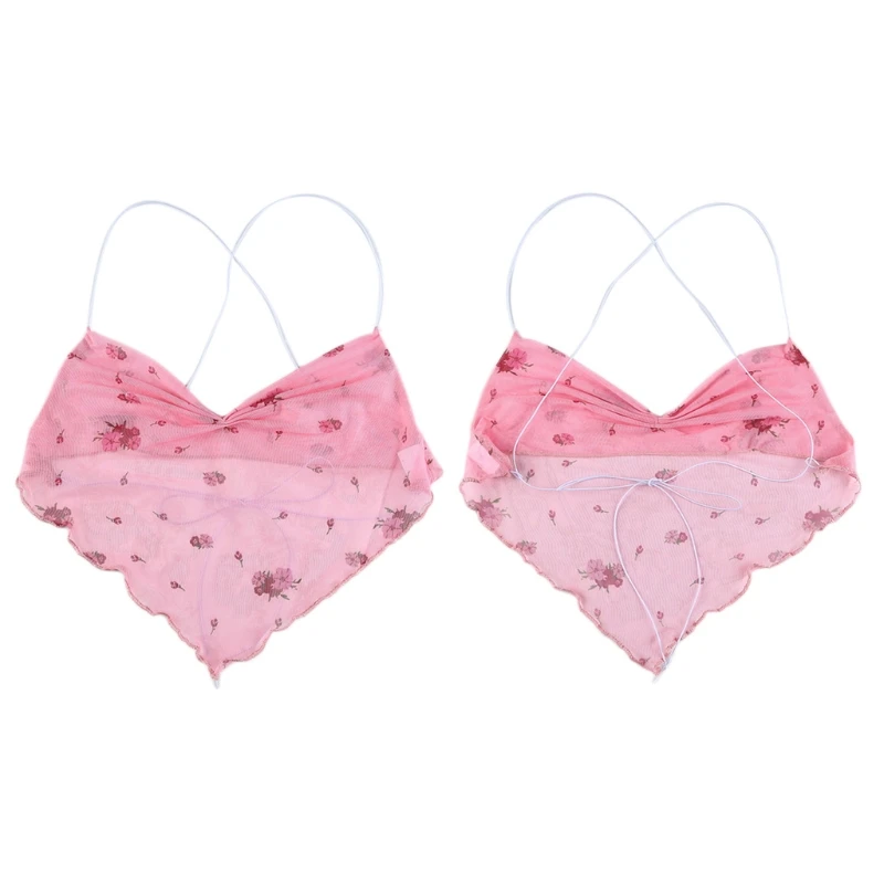 

Women Sexy Halter Deep V-Neck Backless Crop Top Floral Print Sheer Mesh Corset Camisole Irregular Triangle Hem Bustier Slim M7DD