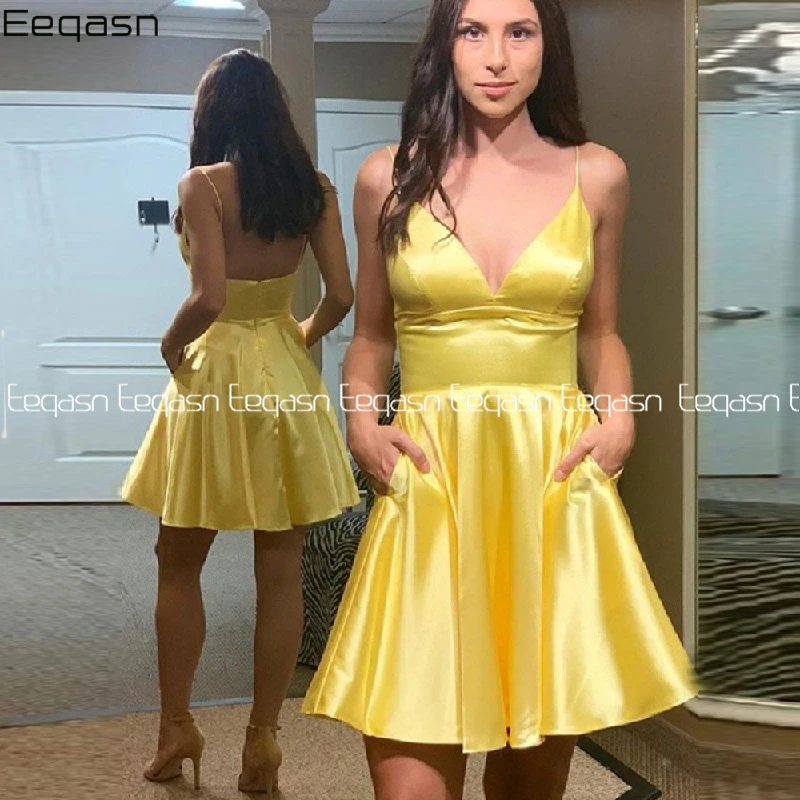

Eeqasn Yellow Short Cocktail Dresses 2020 V Neck Satin Backless Homecoming Dress with Pockets Prom Gowns Vestidos