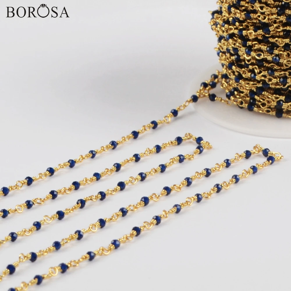 

BOROSA 3Meters Gold Color 2mm Blue Glass Beads Faceted Brass Chains Stone Bead Chains Jewelry for Necklace Making JT239