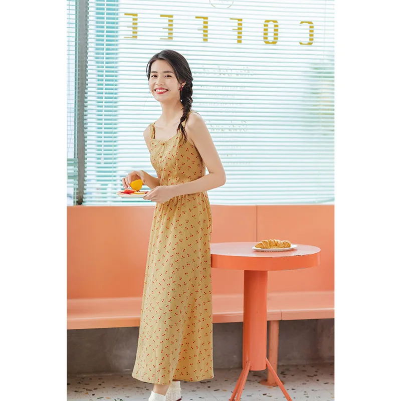 INMAN Summer Square Collar High Waist Print SweetCool A-line Slip Dress | Женская одежда