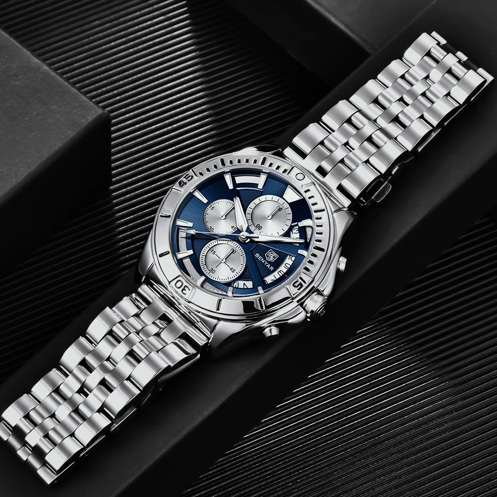 BENYAR 2021 Роскошные спортивные кварцевые часы из нержавеющей стали модные мужские